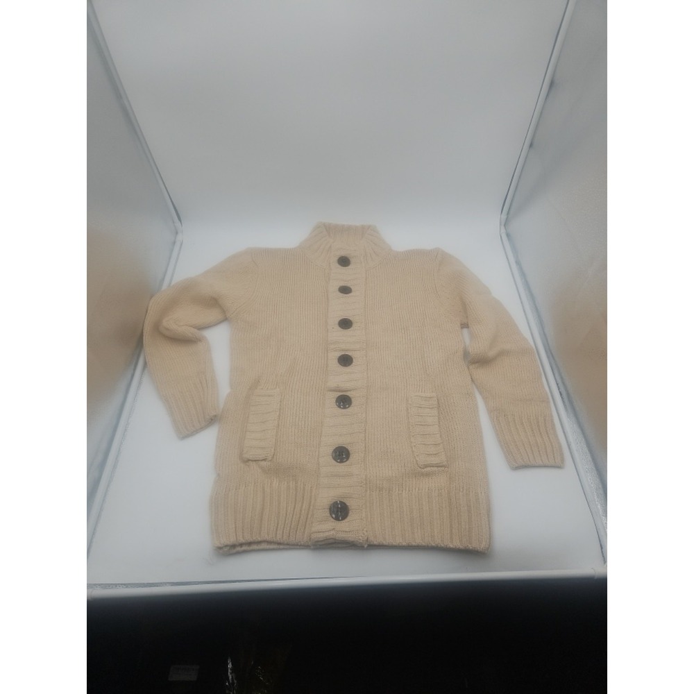 KNITTED ANCHOR BUTTON UP CARDIGAN SWEATER, TAN New Size Large